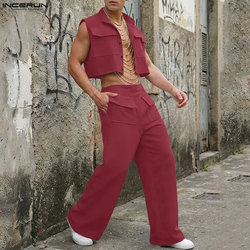 Men'S Fashion Usa - INCERUN Erkek Setleri Katı Kolsuz Kırpma