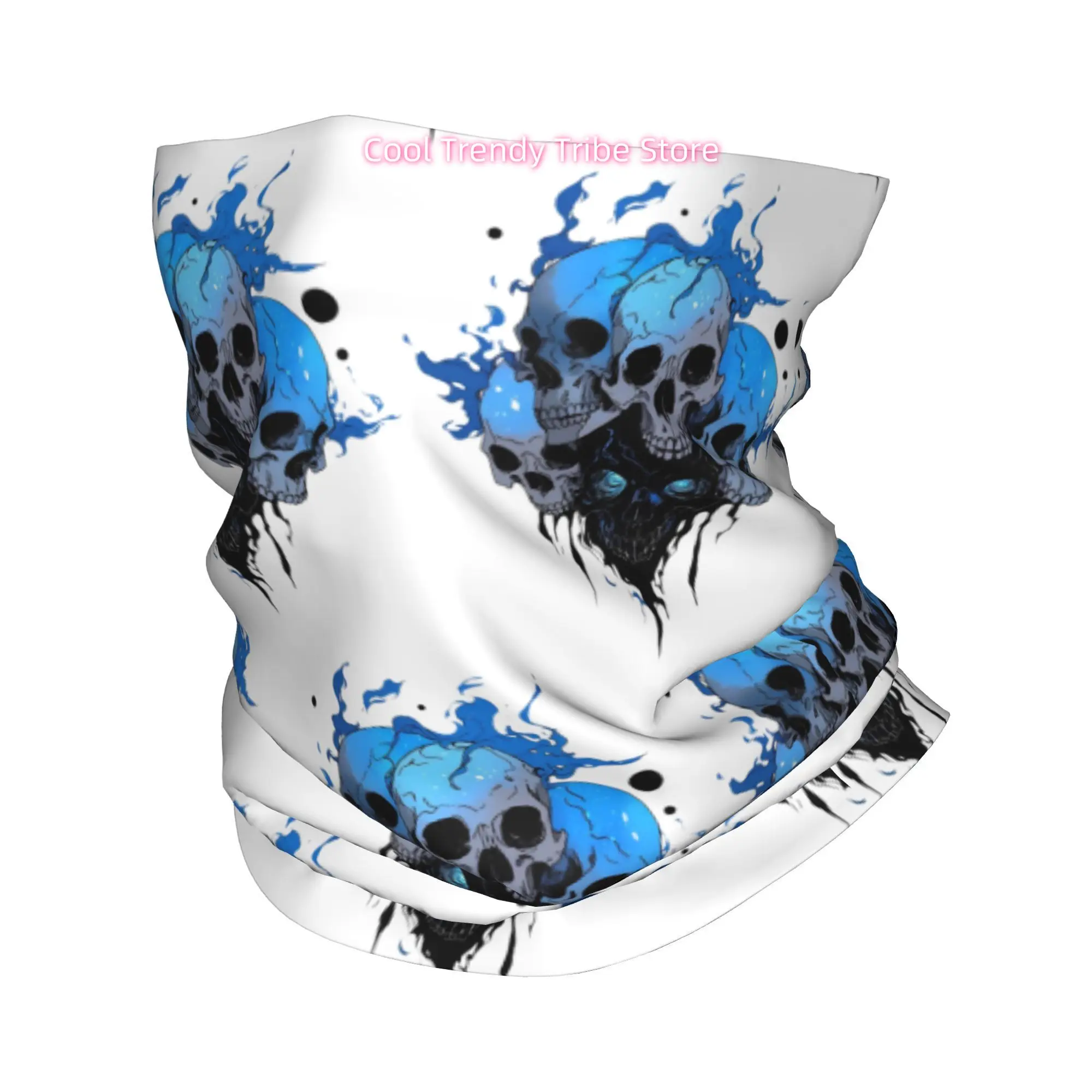 Men'S Fashion Head Scarf - İstiflenmiş Mavi Alev Kafatasları Desenli Bandana